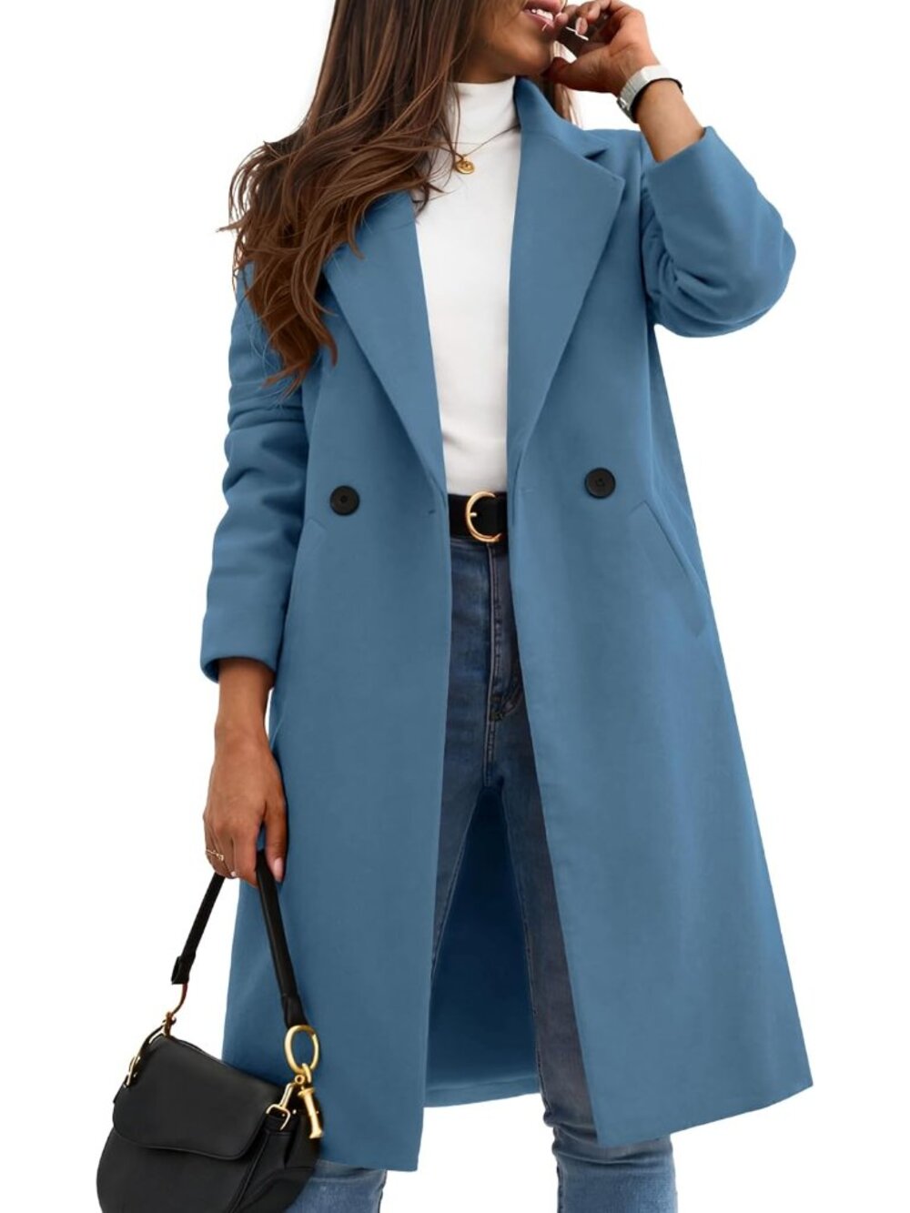 Women Winter Wool Coat Notch Lapel Single-Breasted Mid Long Peacoat
